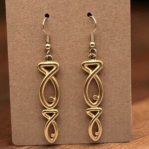 Celtic Knot Scroll Dangle Earrings Gold Tone Long Linear Drop - Minimalist Chic